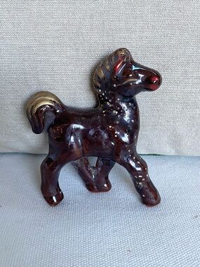 Vtg Japanese Redware Horse Pony Figurine Brown Gold Glaze 4”